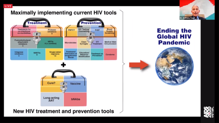 Kuvakaappaus videokonferenssista, jossa Anthony Fauci ryhmittelee erilaisia työkaluja  hiv-epidemian nujertamiseen