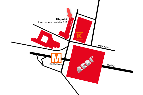 Kuvassa on kartta, jossa näytetään Hivpointin Helsingin toimipisteen sijainti Kalasatamassa osoitteessa Hermannun rantatie 2 B