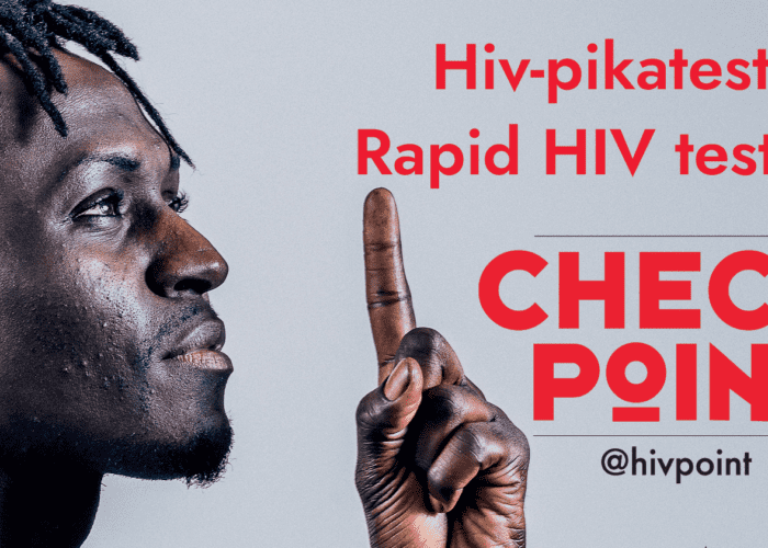 A person points a finger at a text that reads rapid HIV testing at Checkpoint