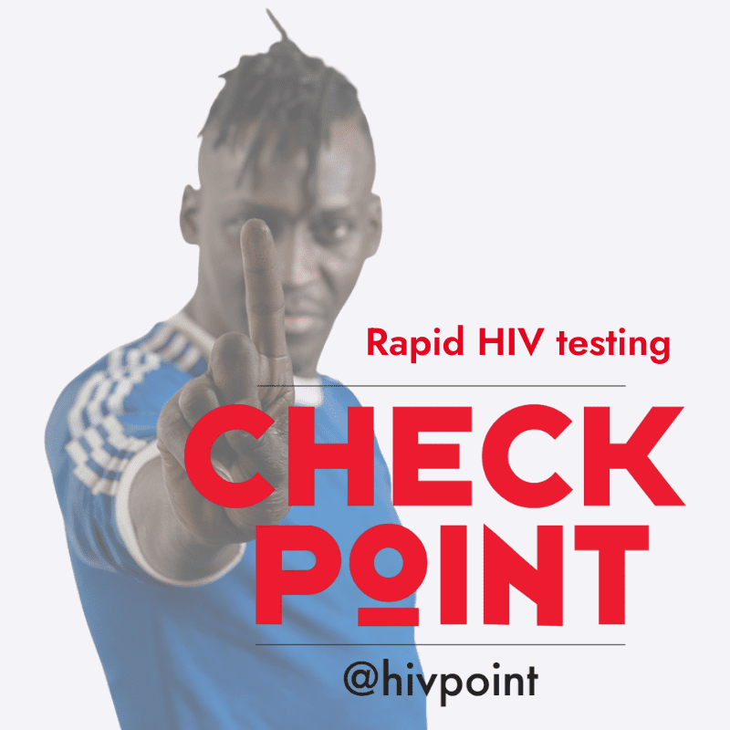 A person points a finger and there is a text in the front that reads Rapid HIV testing in the picture.