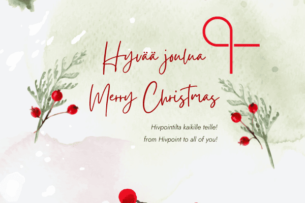Hivpointin joulutervehdys, jossa punainen nauha ja jouluisia oksia. Christmas card from Hivpoint with red ribbon and twigs and berries.