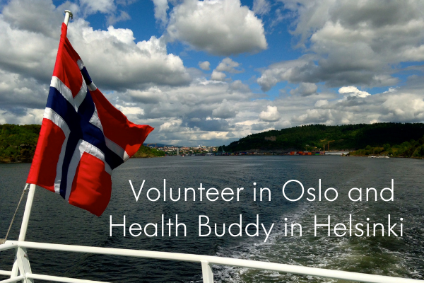 Norwegian flag and text Volunteer in Oslo and Health Buddy in Helsinki