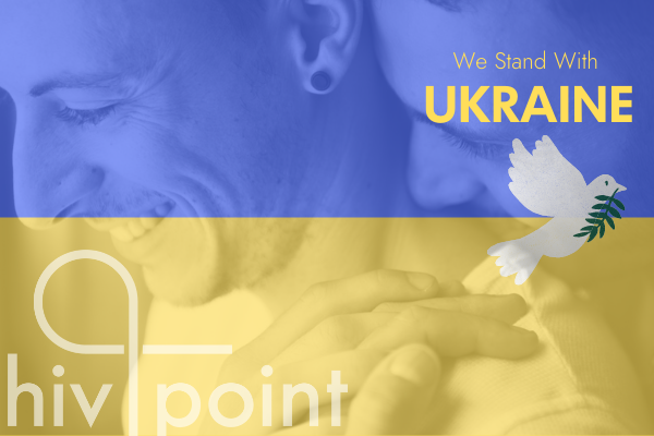 Ukrainian flag with dove of peace. Hivpoint logo on it and the text says we stand with Ukraine.