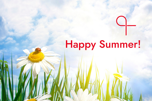a blue sky, clouds, a ladybug sitting on a flower, red ribbon and a text: Happy Summer!