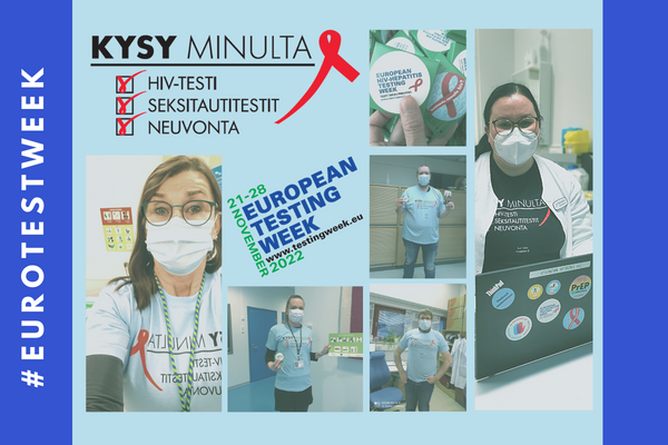 Eurooppalaiseen testausviikkoon osallistuneiden terveysalan ammattilaisten henkilökuvia kampanjanmateriaalien kanssa.