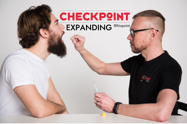 A person is taking a throat swap from another person. With "Checkpoint is expanding" logo.