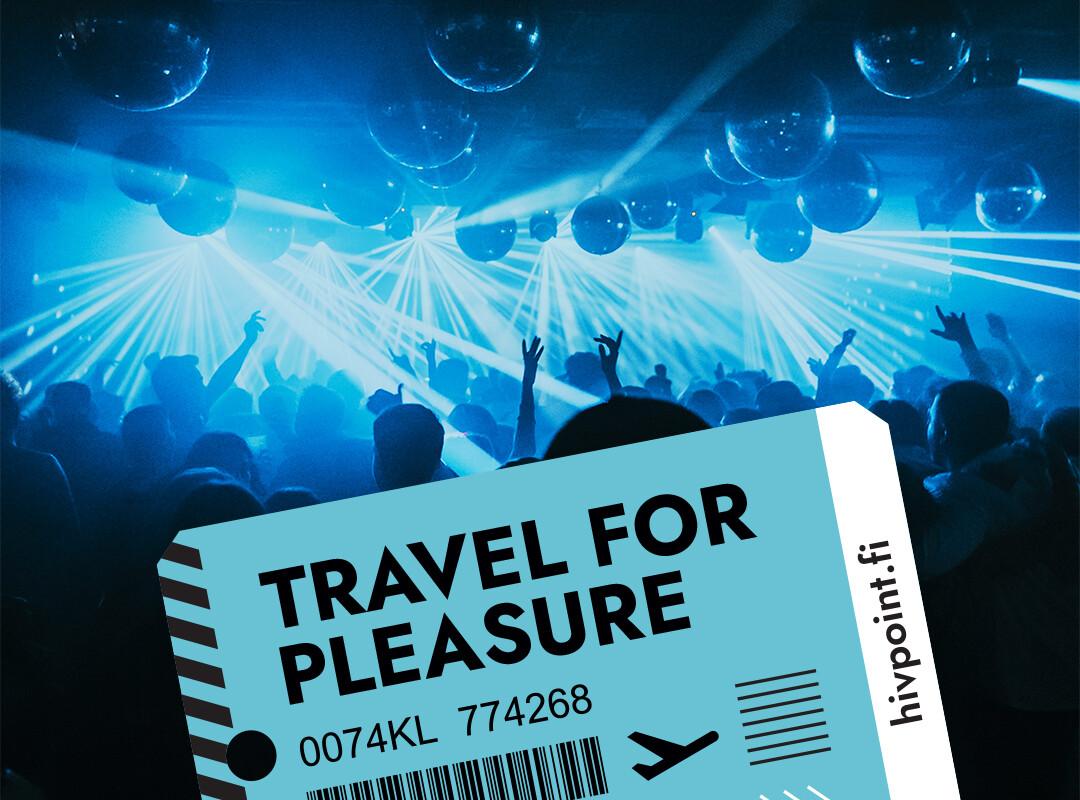 Blue Night club lights and people dancing. Travel for Pleasure logo ahead.