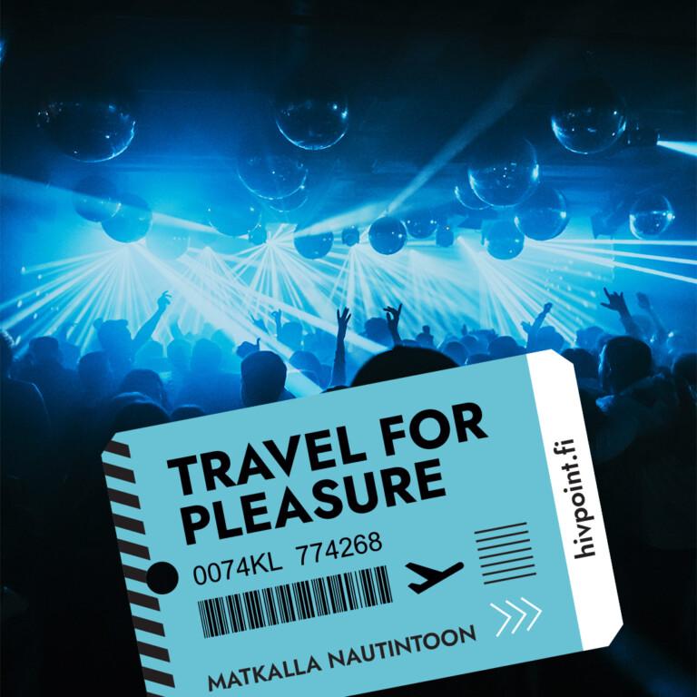 Blue Night club lights and people dancing. Travel for Pleasure logo ahead.