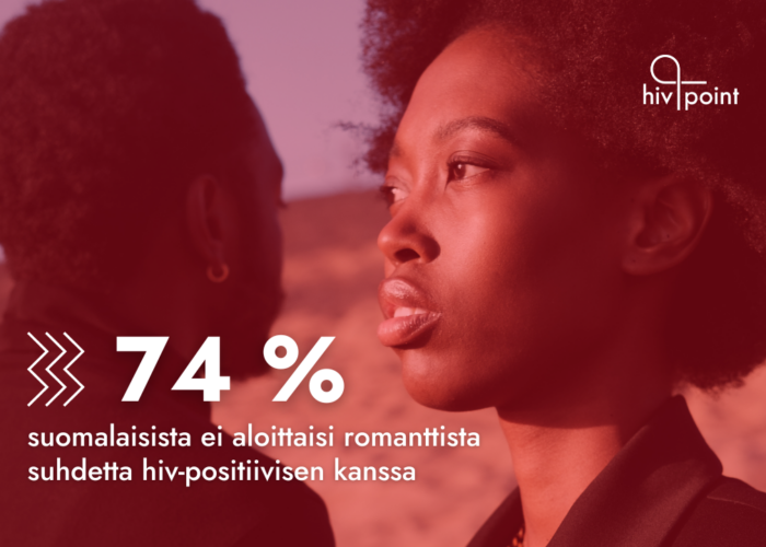 Kaksi ruskeaihoista henkilöä katsoo vakavina eri suuntiin. Kuvan päällä on punainen filtteri ja teksti: "74 % suomalaisista ei aloittaisi romanttista suhdetta hiv-positiivisen kanssa". Oikeassa reunassa Hivpointin logo.