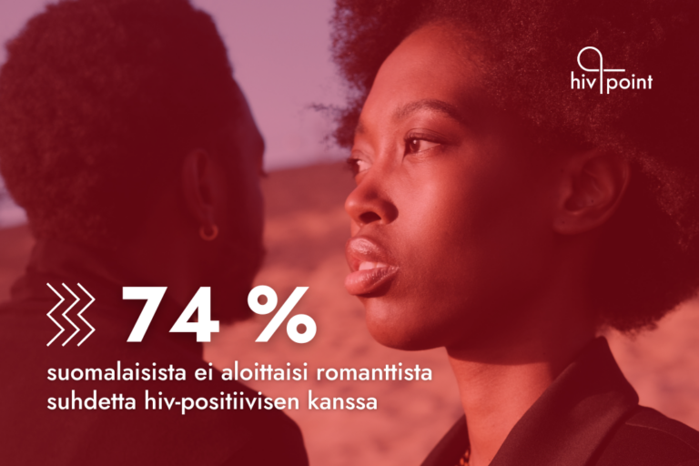 Kaksi ruskeaihoista henkilöä katsoo vakavina eri suuntiin. Kuvan päällä on punainen filtteri ja teksti: "74 % suomalaisista ei aloittaisi romanttista suhdetta hiv-positiivisen kanssa". Oikeassa reunassa Hivpointin logo.