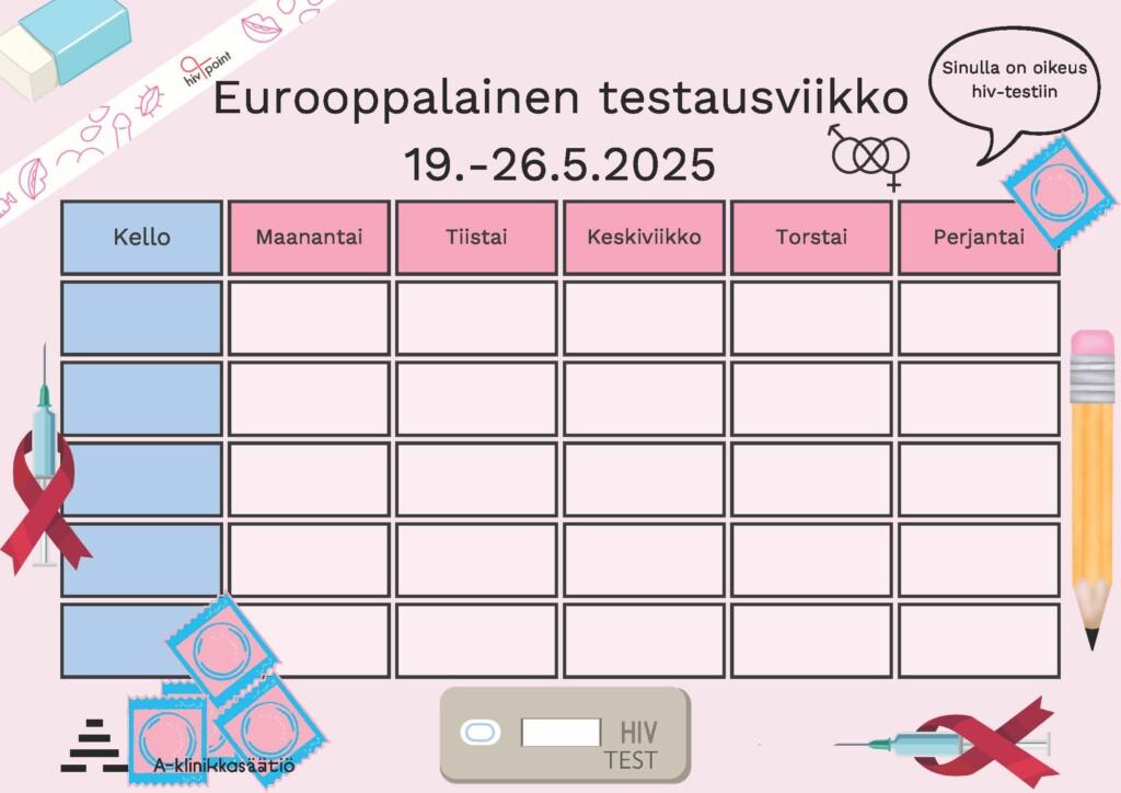 Kuva eurooppalaisen testausviikon lukujärjestyksestä, johon voi kirjata oman yksikön ohjelman testausviikkona 19.-26.5.