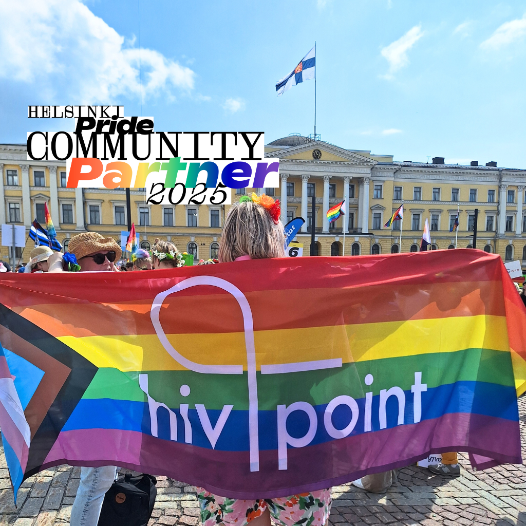 Hivpoint logo on the rainbow flag at the Helsinki Pride parade in 2024.
