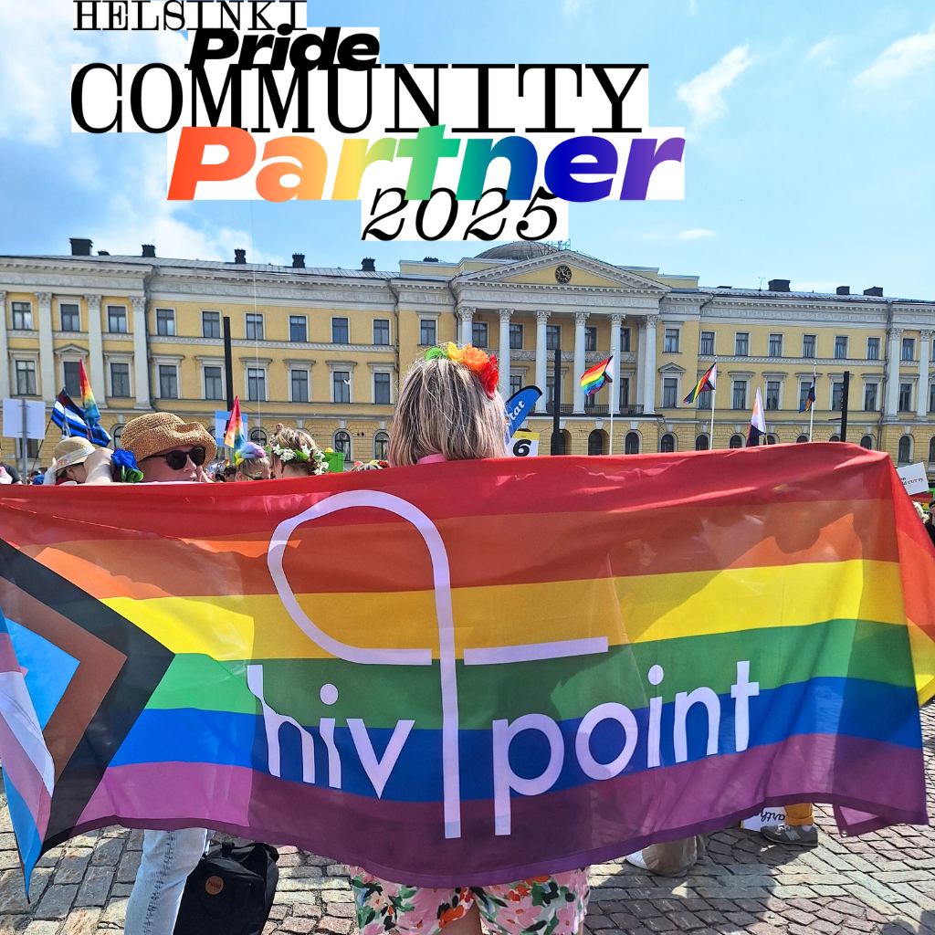 Hivpoint logo on the rainbow flag at the Helsinki Pride parade in 2024.