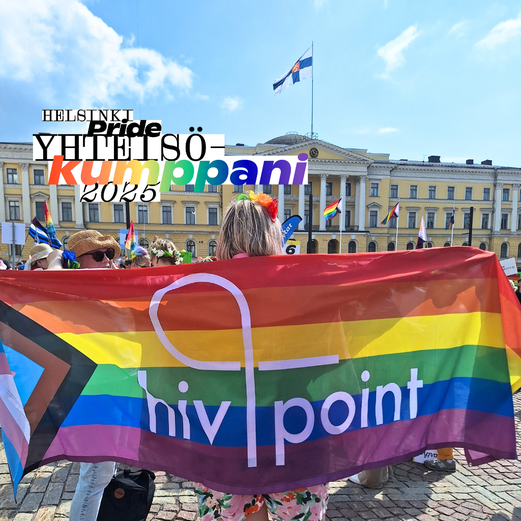 Hivpoint logo sateenkaarilipussa Helsinki Pride kulkueessa 2024.