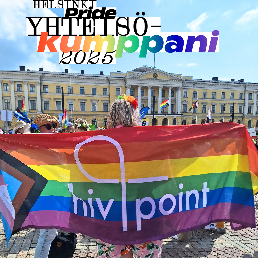 Hivpoint logo sateenkaarilipussa Helsinki Pride kulkueessa 2024.