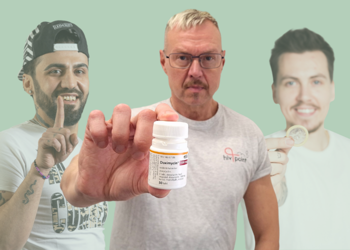 Kolme maskuliinista henkilöä kuvassa, jossa etualalla yksi henkilö pitää DoxyPEP purkkia kädessään, oikealla puolella oleva ehnkilö pitää etusormeaan pystyssä hiv-pikatestauksen merkeissä. Kolmas henkilö pitää sormissaan kondomia.