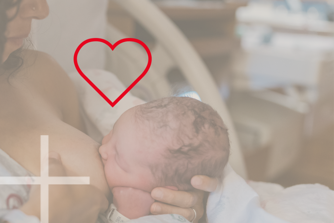 Lähikuva rinnasta ja vauvan imetyksestä rauhallisen beigellä taustalla ja punainen sydän-symboli vauvan ja imettävän välillä. Rinnan kohdalla on plus-symboli.